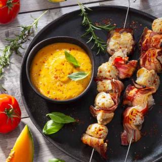 Monkfish skewers with melon gazpacho Monkfish skewers with melon gazpacho