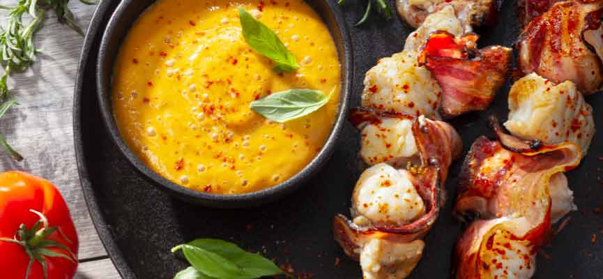 Monkfish skewers with melon gazpacho